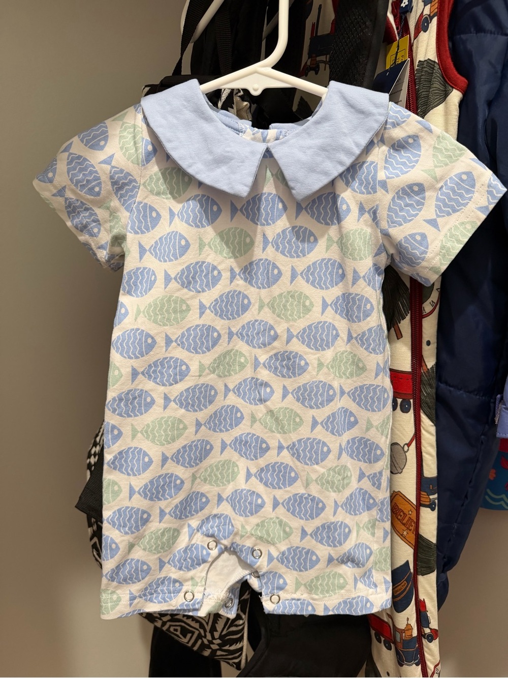 Blue & Mint Fish-Print Peter Pan Collar Baby Bodysuit